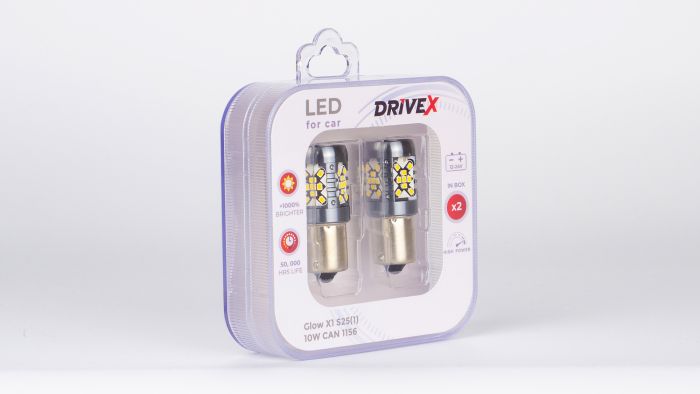 Світлодіоди в габаритні вогні. Підсвітку номера та салона DriveX Glow X1 S25(1) 12-24V 10W CAN 1200Lm 1156/P21W BA15S d-15mm к-т.