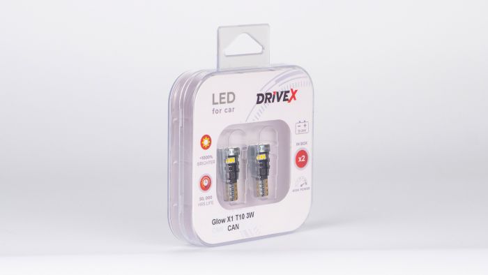 Світлодіоди в габаритні вогні. Підсвітку номера та салона DriveX Glow X1 T10 12-24V 3W CAN 400Lm W5W base-10mm к-т.