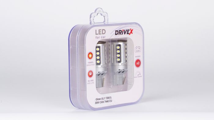 Світлодіоди в габаритні вогні. Підсвітку номера та салона DriveX Glow UL1 T20(1) 9-48V 30W CAN 2600Lm 7440/W21W base-16mm EU к-т.