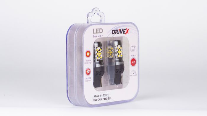 Світлодіоди в габаритні вогні. Підсвітку номера та салона DriveX Glow X1 T20(1) 12-24V 10W CAN 1200Lm 7440/W21W base-16mm EU к-т.