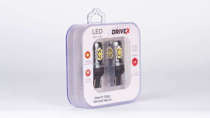 Світлодіоди в габаритні вогні. Підсвітку номера та салона DriveX Glow X1 T20(2) 12-24V 10W CAN 1200Lm 7443/W21/5W base-16mm EU к-т.