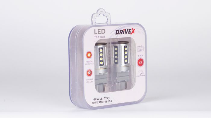 Світлодіоди в габаритні вогні. Підсвітку номера та салона DriveX Glow UL1 T25(1) 9-48V 30W CAN 2600Lm 3156/P27W base-16mm USA к-т.