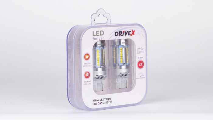 Світлодіоди в габаритні вогні. Підсвітку номера та салона DriveX Glow UL2 T20(1) 12V 15W CAN 2600Lm 7440/W21W base-16mm EU к-т.