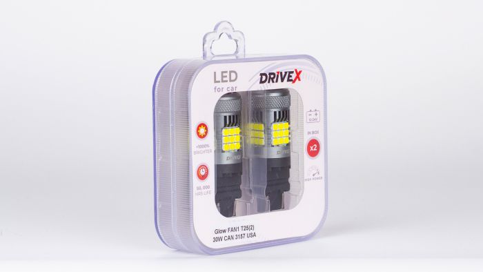 Світлодіоди в габаритні вогні. Підсвітку номера та салона DriveX Glow FAN1 T25(2) 9-48V 30W CAN 3000Lm 3157/P27/7W base-16mm USA к-т.