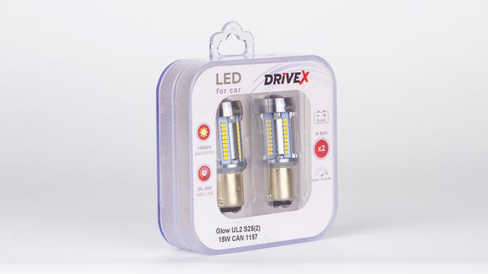 Світлодіоди в габаритні вогні. Підсвітку номера та салона DriveX Glow UL2 S25(2) 12V 15W CAN 2600Lm 1157/P21/5W BAY15D d-15mm к-т.