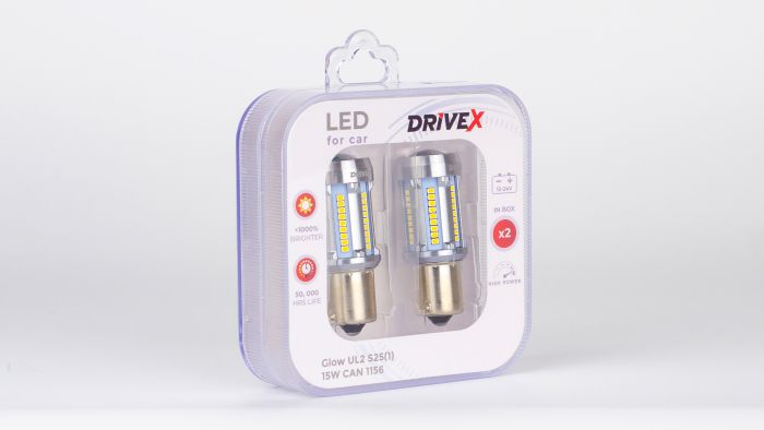 Світлодіоди в габаритні вогні. Підсвітку номера та салона DriveX Glow UL2 S25(1) 12V 15W CAN 2600Lm 1156/P21W BA15S d-15mm к-т.