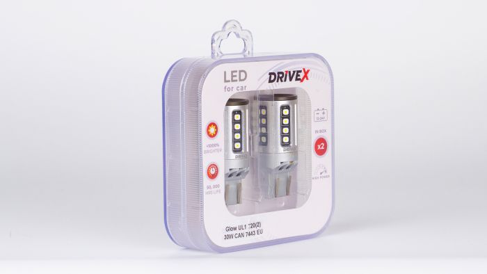 Світлодіоди в габаритні вогні. Підсвітку номера та салона DriveX Glow UL1 T20(2) 9-48V 30W CAN 2600Lm 7443/W21/5W base-16mm EU к-т.