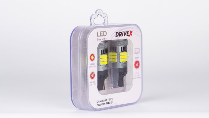 Світлодіоди в габаритні вогні. Підсвітку номера та салона DriveX Glow FAN1 T20(1) 9-48V 30W CAN 3000Lm 7440/W21W base-16mm EU к-т.