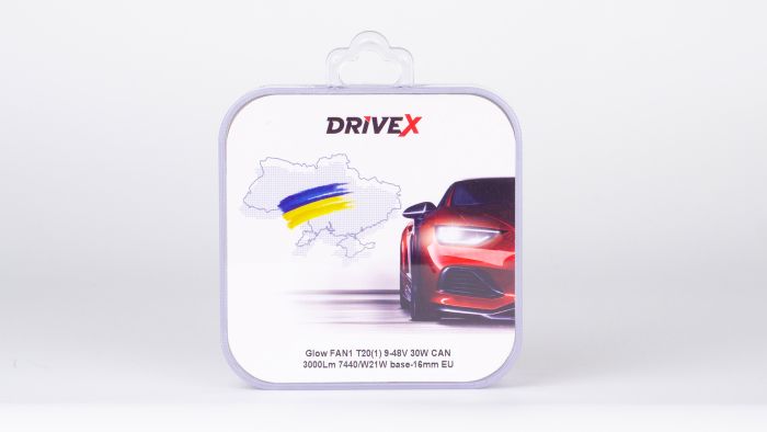 Світлодіоди в габаритні вогні. Підсвітку номера та салона DriveX Glow FAN1 T20(1) 9-48V 30W CAN 3000Lm 7440/W21W base-16mm EU к-т.
