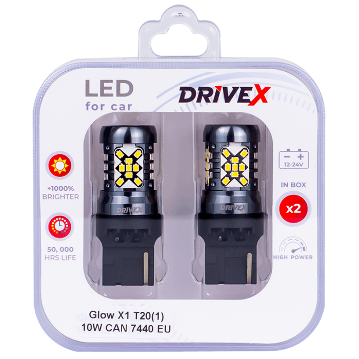 Світлодіоди в габаритні вогні. Підсвітку номера та салона DriveX Glow X1 T20(1) 12-24V 10W CAN 1200Lm 7440/W21W base-16mm EU к-т.