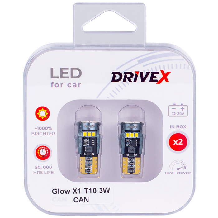 Світлодіоди в габаритні вогні. Підсвітку номера та салона DriveX Glow X1 T10 12-24V 3W CAN 400Lm W5W base-10mm к-т.