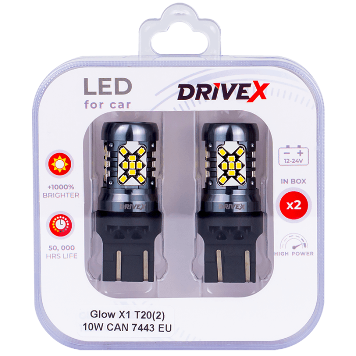 Світлодіоди в габаритні вогні. Підсвітку номера та салона DriveX Glow X1 T20(2) 12-24V 10W CAN 1200Lm 7443/W21/5W base-16mm EU к-т.
