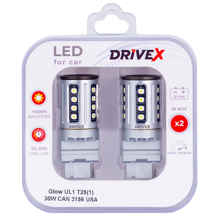 Світлодіоди в габаритні вогні. Підсвітку номера та салона DriveX Glow UL1 T25(1) 9-48V 30W CAN 2600Lm 3156/P27W base-16mm USA к-т.