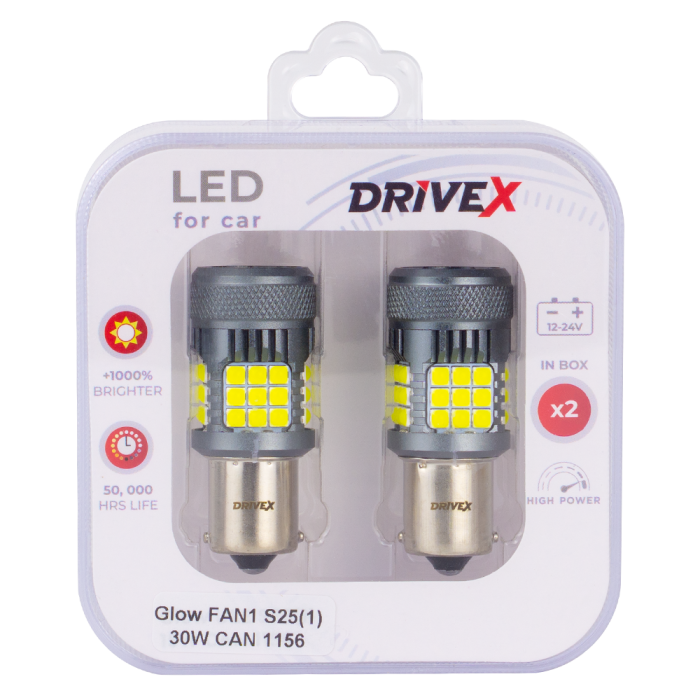 Світлодіоди в габаритні вогні. Підсвітку номера та салона DriveX Glow FAN1 S25(1) 9-48V 30W CAN 3000Lm 1156/P21W BA15S d-15mm к-т.