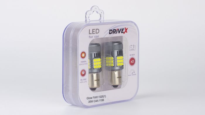 Світлодіоди в габаритні вогні. Підсвітку номера та салона DriveX Glow FAN1 S25(1) 9-48V 30W CAN 3000Lm 1156/P21W BA15S d-15mm к-т.