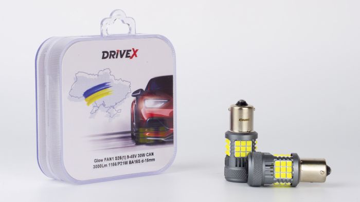 Світлодіоди в габаритні вогні. Підсвітку номера та салона DriveX Glow FAN1 S25(1) 9-48V 30W CAN 3000Lm 1156/P21W BA15S d-15mm к-т.